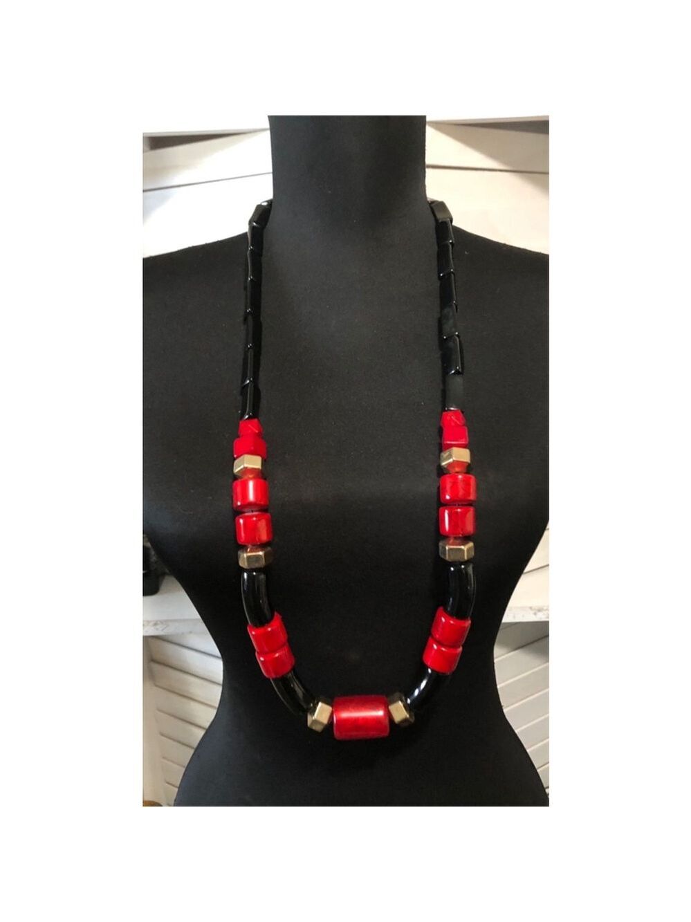 Vintage Beaded Chunky Necklace Black Red African Inspired